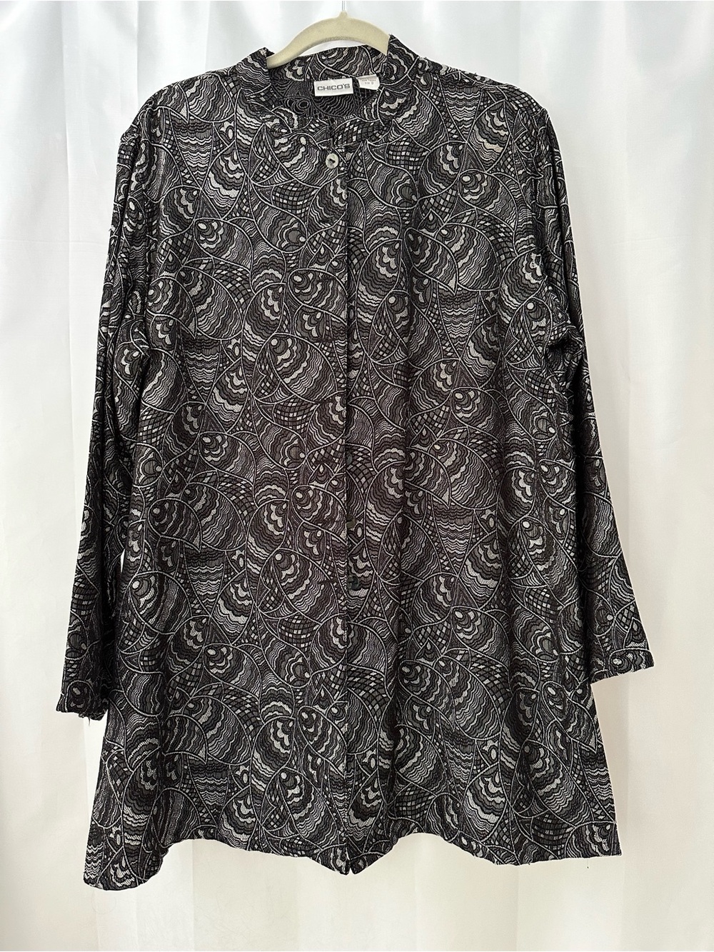 Chico’s Jacquard Knit Duster Jacket L/XL Size 3 Black Boho Topper Abstract
